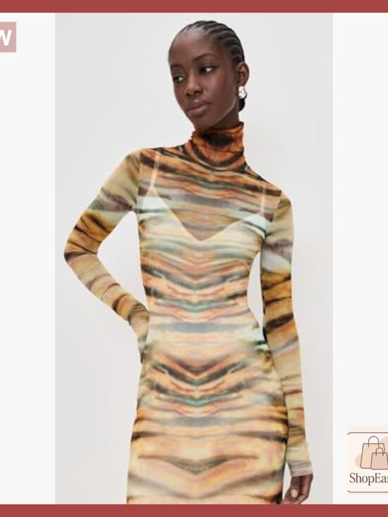 Maxi Mesh Dress Elegant Chic Casual Long Sleeve Mock Neck Stretch Pullover - Picture 5 of 6